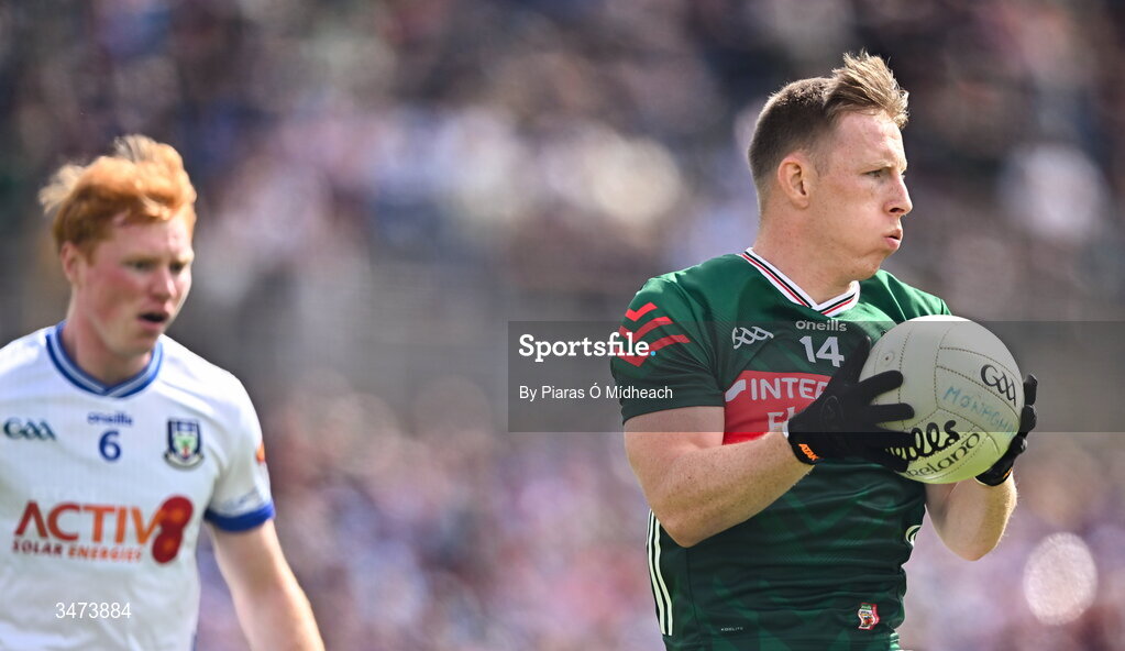 31 May 2026; Ryan O'Donoghue of Mayo in action against Ryan O'Toole of Monaghan during the GAA Football All-Ireland Senior Championship Round 1 match between Monaghan and Mayo at St Tiernach's Park in Clones, Monaghan. Photo by Piaras Ó Mídheach/Sportsfile