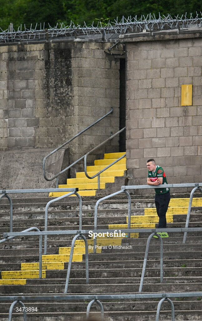 31 May 2026; A Mayo supporter before the GAA Football All-Ireland Senior Championship Round 1 match between Monaghan and Mayo at St Tiernach's Park in Clones, Monaghan. Photo by Piaras Ó Mídheach/Sportsfile