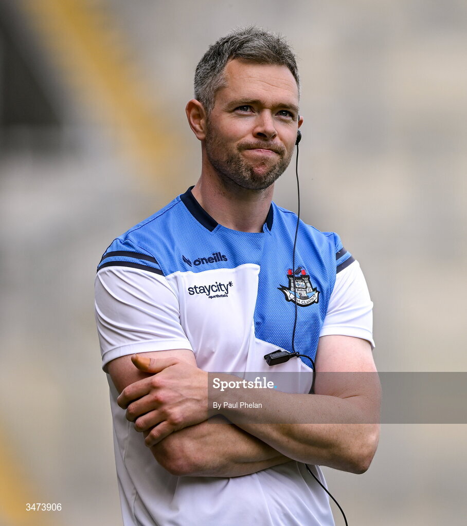 31 May 2026; Dublin acting manager Dean Rock reacts in the closing minutes of the GAA Football All-Ireland Senior Championship Round 1 match between Dublin and Louth at Croke Park in Dublin. Photo by Paul Phelan/Sportsfile