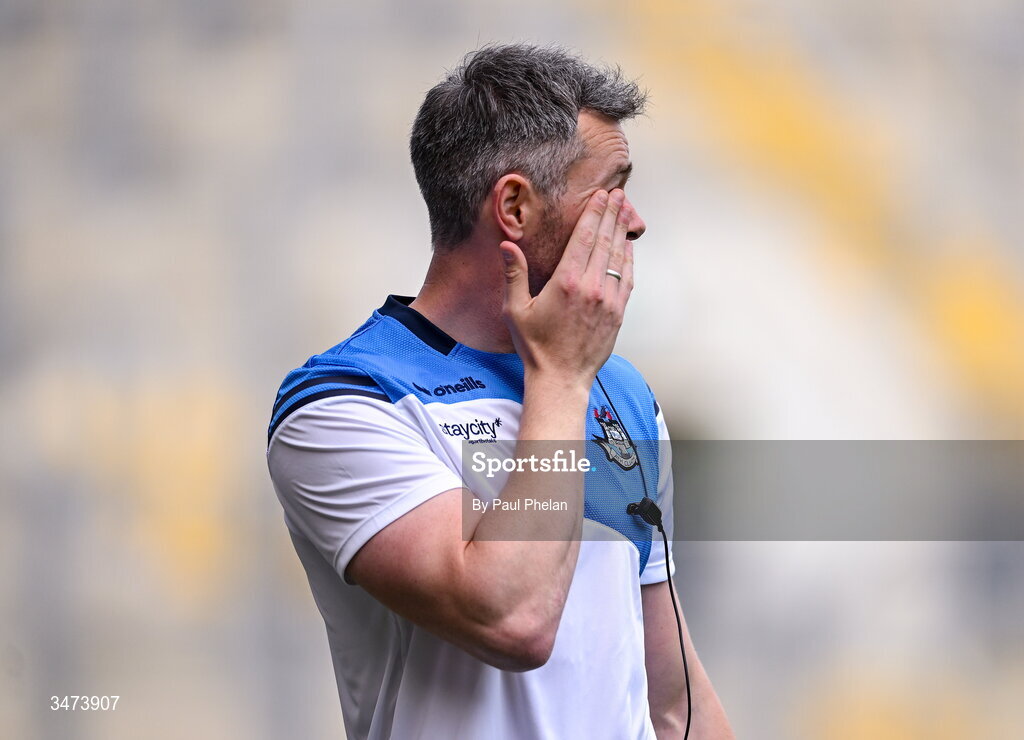 31 May 2026; Dublin acting manager Dean Rock reacts in the closing minutes of the GAA Football All-Ireland Senior Championship Round 1 match between Dublin and Louth at Croke Park in Dublin. Photo by Paul Phelan/Sportsfile