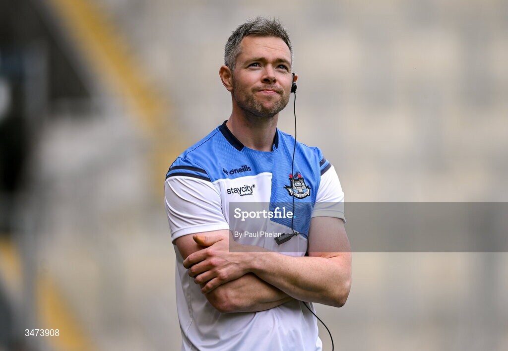 31 May 2026; Dublin acting manager Dean Rock reacts in the closing minutes of the GAA Football All-Ireland Senior Championship Round 1 match between Dublin and Louth at Croke Park in Dublin. Photo by Paul Phelan/Sportsfile