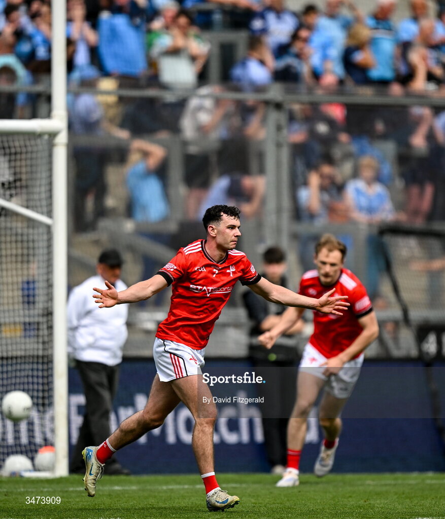 31 May 2026; Craig Lennon of Louth celebrates after scoring his side's fourth and winning goal during the GAA Football All-Ireland Senior Championship Round 1 match between Dublin and Louth at Croke Park in Dublin. Photo by David Fitzgerald/Sportsfile