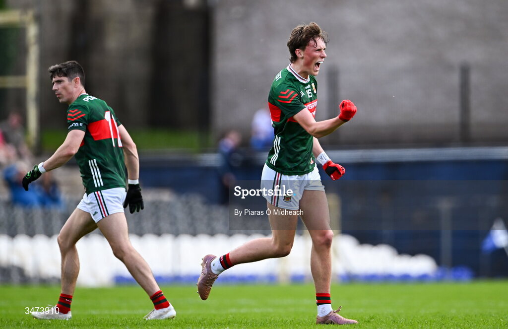 31 May 2026; Kobe McDonald of Mayo celebrates after scoring a two-pointer during the GAA Football All-Ireland Senior Championship Round 1 match between Monaghan and Mayo at St Tiernach's Park in Clones, Monaghan. Photo by Piaras Ó Mídheach/Sportsfile