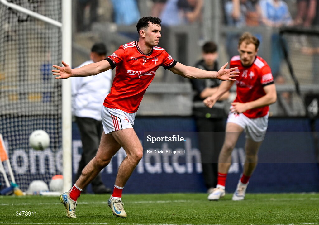31 May 2026; Craig Lennon of Louth celebrates after scoring his side's fourth and winning goal during the GAA Football All-Ireland Senior Championship Round 1 match between Dublin and Louth at Croke Park in Dublin. Photo by David Fitzgerald/Sportsfile