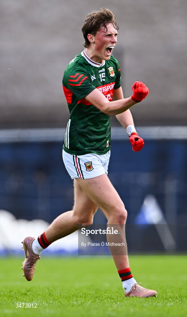 31 May 2026; Kobe McDonald of Mayo celebrates after scoring a two-pointer during the GAA Football All-Ireland Senior Championship Round 1 match between Monaghan and Mayo at St Tiernach's Park in Clones, Monaghan. Photo by Piaras Ó Mídheach/Sportsfile