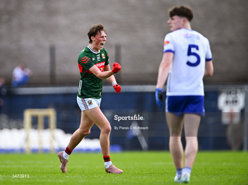 31 May 2026; Kobe McDonald of Mayo celebrates after scoring a two-pointer during the GAA Football All-Ireland Senior Championship Round 1 match between Monaghan and Mayo at St Tiernach's Park in Clones, Monaghan. Photo by Piaras Ó Mídheach/Sportsfile