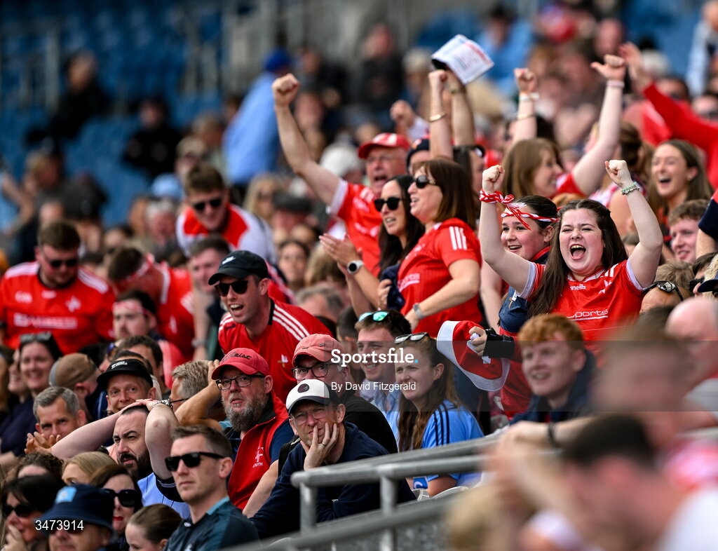 31 May 2026; Louth supporters celebrate their side's winning goal during the GAA Football All-Ireland Senior Championship Round 1 match between Dublin and Louth at Croke Park in Dublin. Photo by David Fitzgerald/Sportsfile