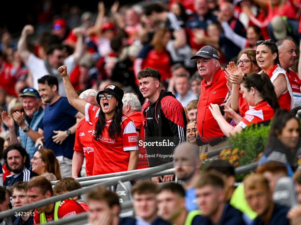 31 May 2026; Louth supporters celebrate their side's winning goal during the GAA Football All-Ireland Senior Championship Round 1 match between Dublin and Louth at Croke Park in Dublin. Photo by David Fitzgerald/Sportsfile