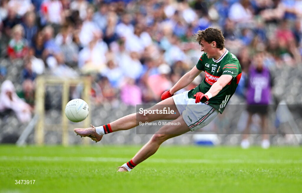 31 May 2026; Kobe McDonald of Mayo scores a two-pointer during the GAA Football All-Ireland Senior Championship Round 1 match between Monaghan and Mayo at St Tiernach's Park in Clones, Monaghan. Photo by Piaras Ó Mídheach/Sportsfile
