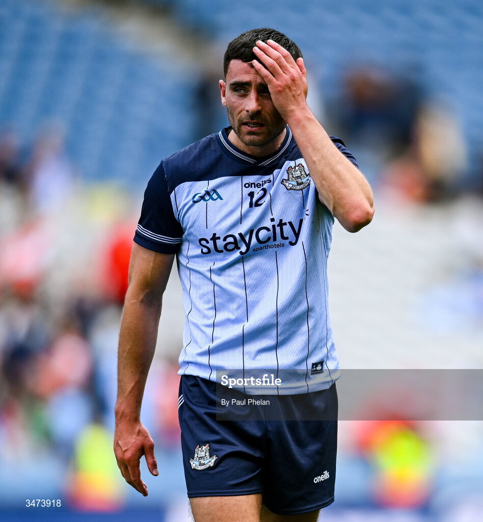 31 May 2026; Niall Scully of Dublin reacts after the GAA Football All-Ireland Senior Championship Round 1 match between Dublin and Louth at Croke Park in Dublin. Photo by Paul Phelan/Sportsfile