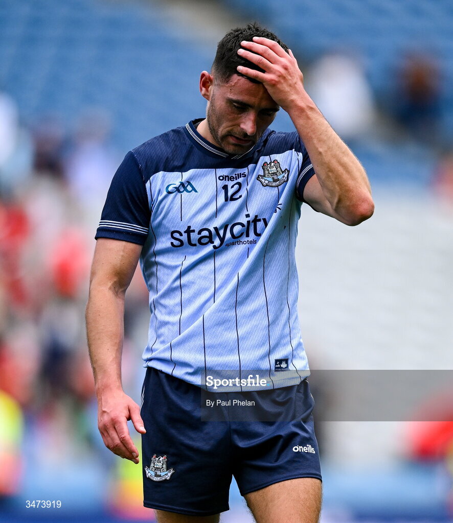 31 May 2026; Niall Scully of Dublin reacts after the GAA Football All-Ireland Senior Championship Round 1 match between Dublin and Louth at Croke Park in Dublin. Photo by Paul Phelan/Sportsfile