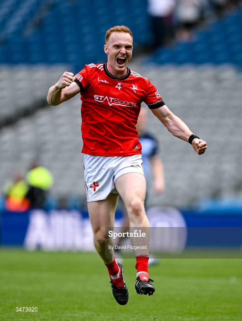 31 May 2026; Donal McKenny of Louth celebrates at the final whistle after the GAA Football All-Ireland Senior Championship Round 1 match between Dublin and Louth at Croke Park in Dublin. Photo by David Fitzgerald/Sportsfile