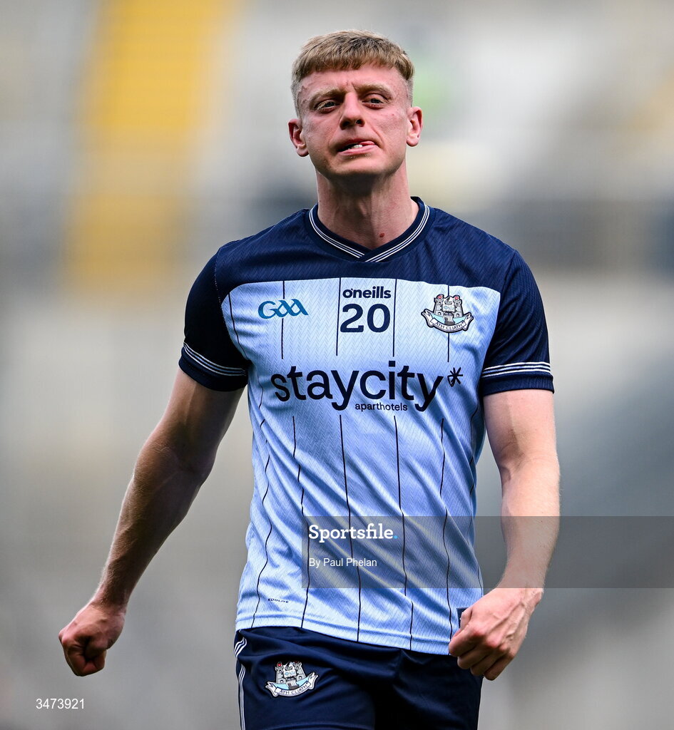 31 May 2026; Cian Murphy of Dublin reatcs after the GAA Football All-Ireland Senior Championship Round 1 match between Dublin and Louth at Croke Park in Dublin. Photo by Paul Phelan/Sportsfile