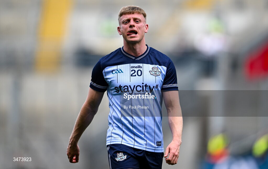 31 May 2026; Cian Murphy of Dublin reatcs after the GAA Football All-Ireland Senior Championship Round 1 match between Dublin and Louth at Croke Park in Dublin. Photo by Paul Phelan/Sportsfile