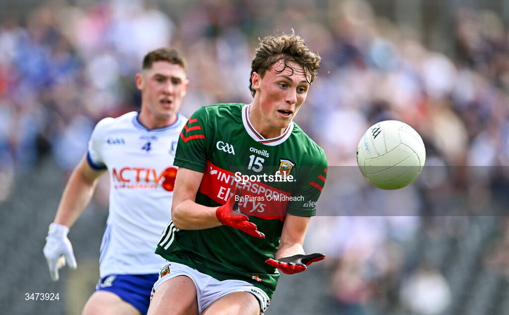 31 May 2026; Kobe McDonald of Mayo in action against Dylan Byrne of Monaghan during the GAA Football All-Ireland Senior Championship Round 1 match between Monaghan and Mayo at St Tiernach's Park in Clones, Monaghan. Photo by Piaras Ó Mídheach/Sportsfile
