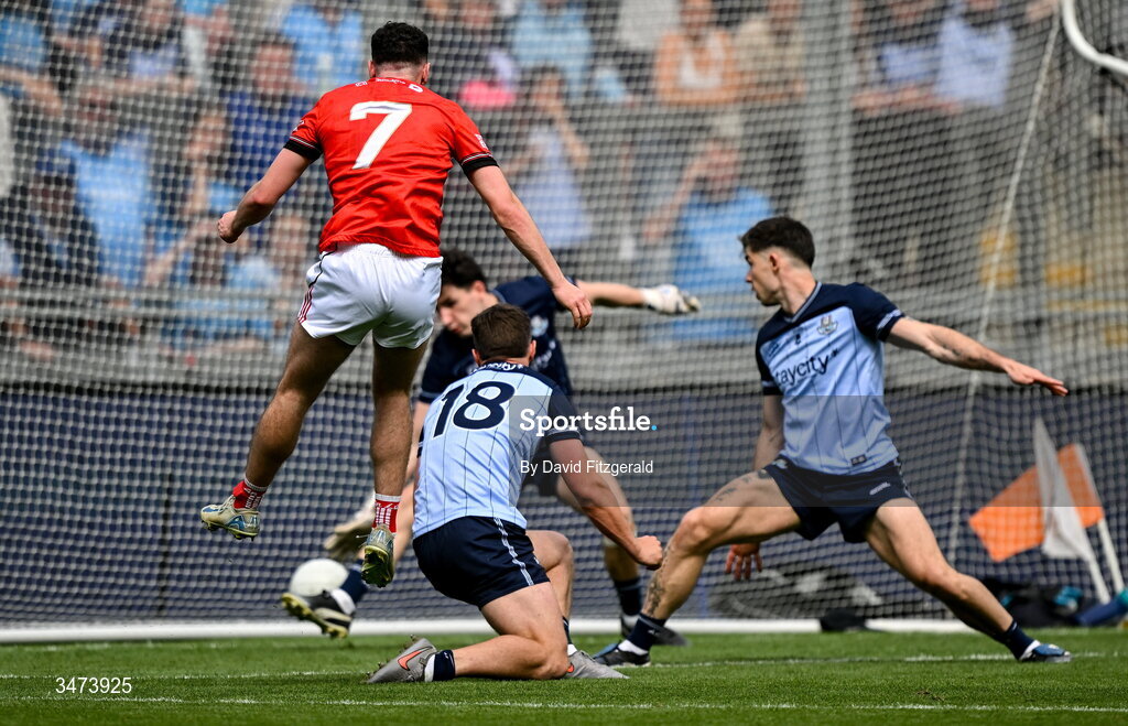 31 May 2026; Craig Lennon of Louth shoots to score his side's fourth and winning goal during the GAA Football All-Ireland Senior Championship Round 1 match between Dublin and Louth at Croke Park in Dublin. Photo by David Fitzgerald/Sportsfile
