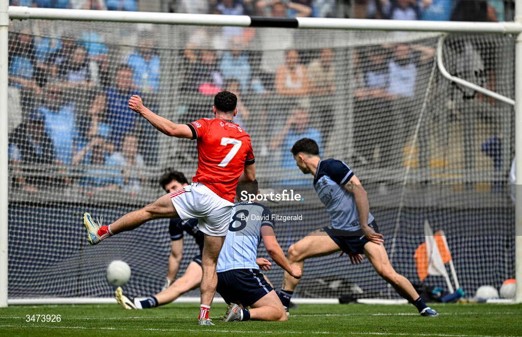 31 May 2026; Craig Lennon of Louth shoots to score his side's fourth and winning goal during the GAA Football All-Ireland Senior Championship Round 1 match between Dublin and Louth at Croke Park in Dublin. Photo by David Fitzgerald/Sportsfile