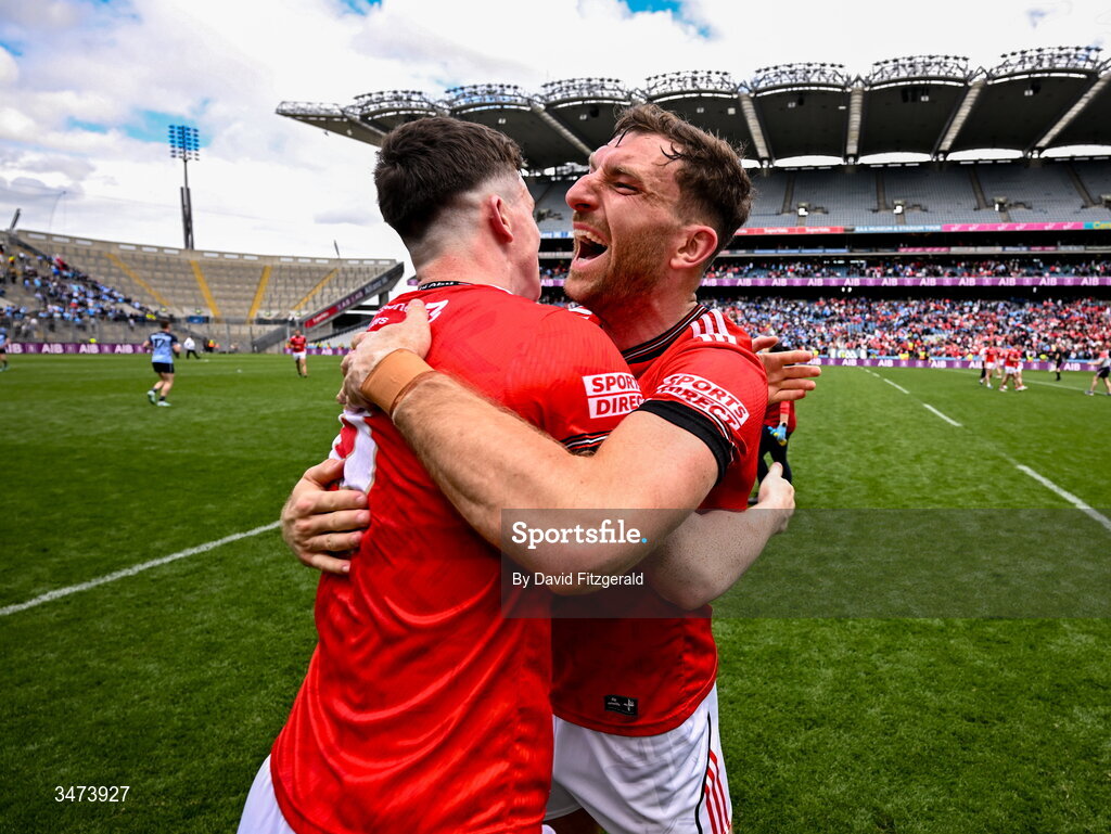 31 May 2026; Sam Mulroy, right, and James Maguire of Louth celebrate after the GAA Football All-Ireland Senior Championship Round 1 match between Dublin and Louth at Croke Park in Dublin. Photo by David Fitzgerald/Sportsfile