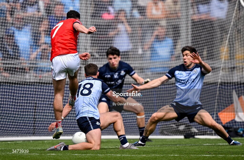 31 May 2026; Craig Lennon of Louth shoots to score his side's fourth and winning goal during the GAA Football All-Ireland Senior Championship Round 1 match between Dublin and Louth at Croke Park in Dublin. Photo by David Fitzgerald/Sportsfile