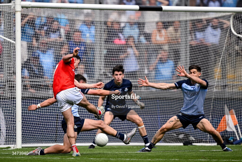 31 May 2026; Craig Lennon of Louth shoots to score his side's fourth and winning goal during the GAA Football All-Ireland Senior Championship Round 1 match between Dublin and Louth at Croke Park in Dublin. Photo by David Fitzgerald/Sportsfile