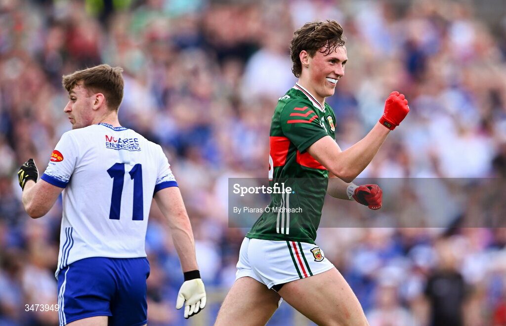 31 May 2026; Kobe McDonald of Mayo celebrates scoring his side's first goal during the GAA Football All-Ireland Senior Championship Round 1 match between Monaghan and Mayo at St Tiernach's Park in Clones, Monaghan. Photo by Piaras Ó Mídheach/Sportsfile