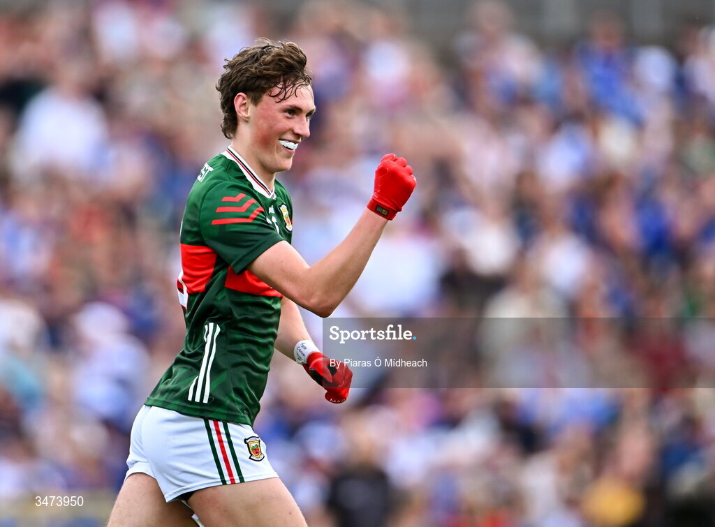 31 May 2026; Kobe McDonald of Mayo celebrates scoring his side's first goal during the GAA Football All-Ireland Senior Championship Round 1 match between Monaghan and Mayo at St Tiernach's Park in Clones, Monaghan. Photo by Piaras Ó Mídheach/Sportsfile