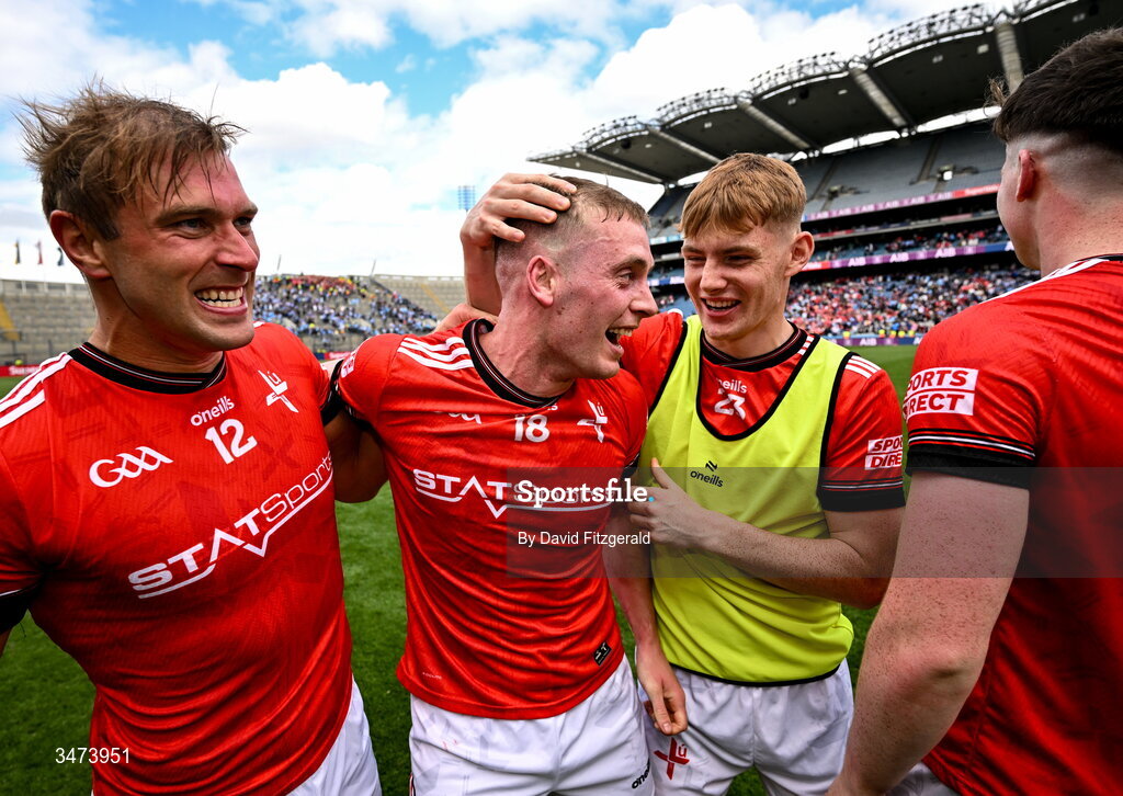 31 May 2026; Louth players, from left, Conor Grimes, Ciaran Byrne and Tadhg McDonnell celebrate after the GAA Football All-Ireland Senior Championship Round 1 match between Dublin and Louth at Croke Park in Dublin. Photo by David Fitzgerald/Sportsfile
