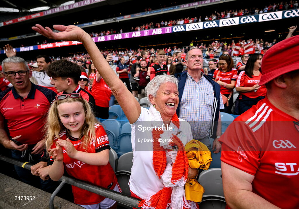 31 May 2026; Louth supporters celebrate after the GAA Football All-Ireland Senior Championship Round 1 match between Dublin and Louth at Croke Park in Dublin. Photo by David Fitzgerald/Sportsfile