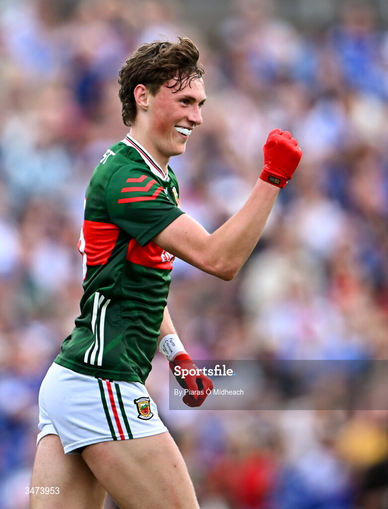 31 May 2026; Kobe McDonald of Mayo celebrates scoring his side's first goal during the GAA Football All-Ireland Senior Championship Round 1 match between Monaghan and Mayo at St Tiernach's Park in Clones, Monaghan. Photo by Piaras Ó Mídheach/Sportsfile