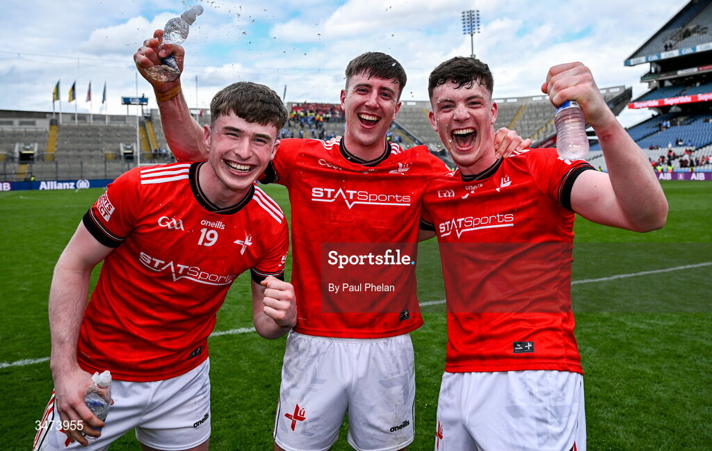 31 May 2026; Sean Callaghan, Dara McDonnell and James Maguire of Louth celebrate after winning the GAA Football All-Ireland Senior Championship Round 1 match between Dublin and Louth at Croke Park in Dublin. Photo by Paul Phelan/Sportsfile