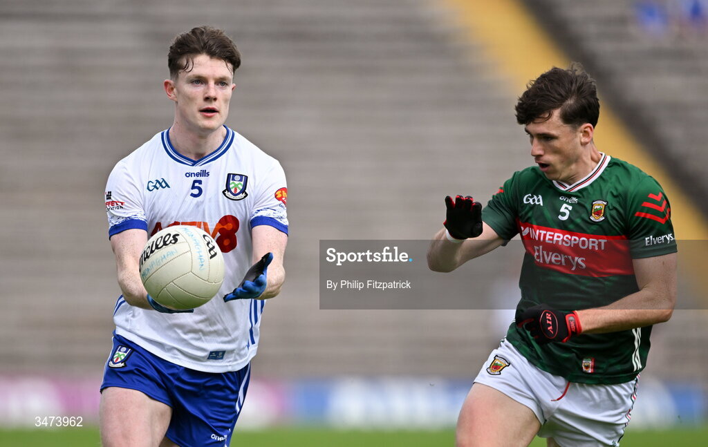 31 May 2026; Aaron Carey of Monaghan in action against Sam Callinan of Mayo during the GAA Football All-Ireland Senior Championship Round 1 match between Monaghan and Mayo at St Tiernach's Park in Clones, Monaghan. Photo by Philip Fitzpatrick/Sportsfile