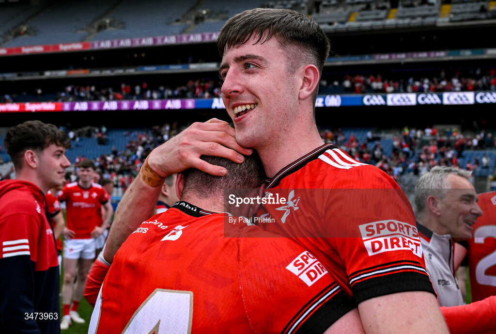 31 May 2026; Conall McKeever, left, and Dara McDonnell of Louth celebrate after winning the GAA Football All-Ireland Senior Championship Round 1 match between Dublin and Louth at Croke Park in Dublin. Photo by Paul Phelan/Sportsfile