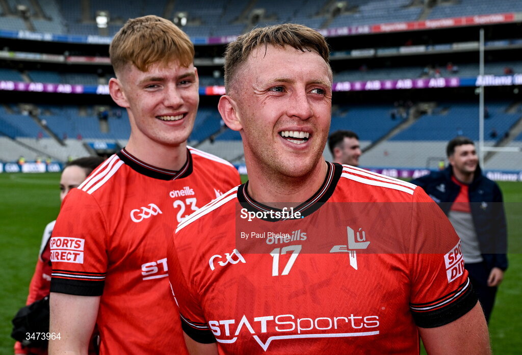 31 May 2026;Tadhg McDonnell, left, and Ryan Burns of Louth celebrate after winning the GAA Football All-Ireland Senior Championship Round 1 match between Dublin and Louth at Croke Park in Dublin. Photo by Paul Phelan/Sportsfile