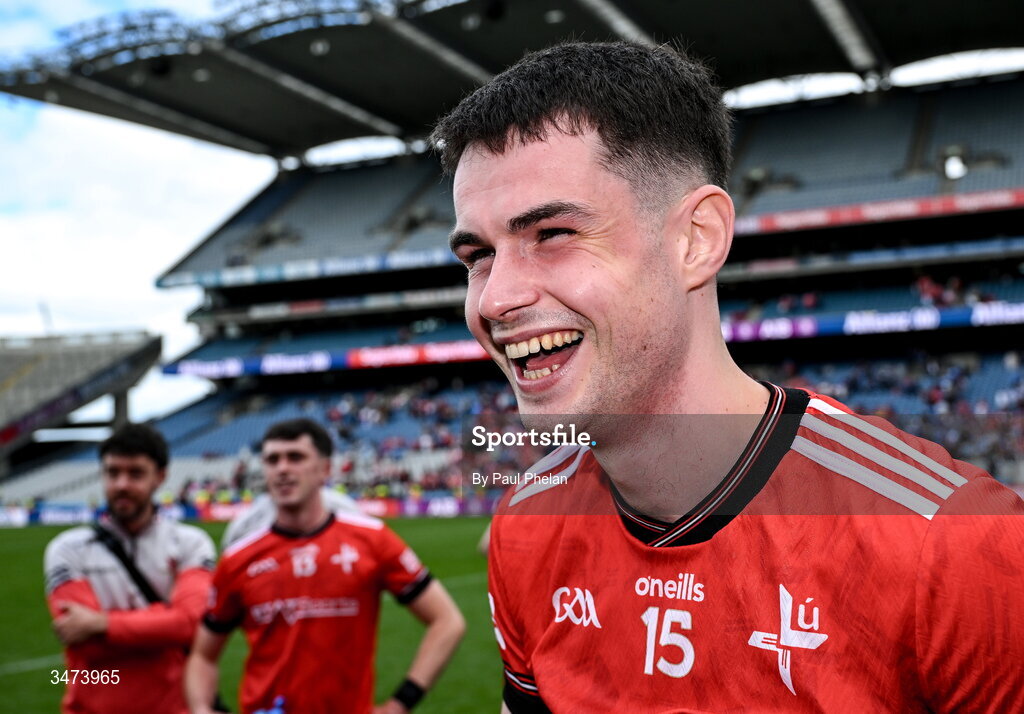 31 May 2026; Conall McCaul of Louth celebrates after winning the GAA Football All-Ireland Senior Championship Round 1 match between Dublin and Louth at Croke Park in Dublin. Photo by Paul Phelan/Sportsfile