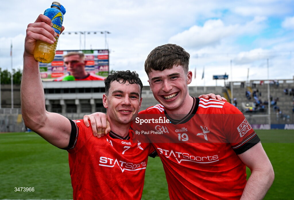 31 May 2026; Craig Lennon and Sean Callaghan of Louth celebrate after winning the GAA Football All-Ireland Senior Championship Round 1 match between Dublin and Louth at Croke Park in Dublin. Photo by Paul Phelan/Sportsfile