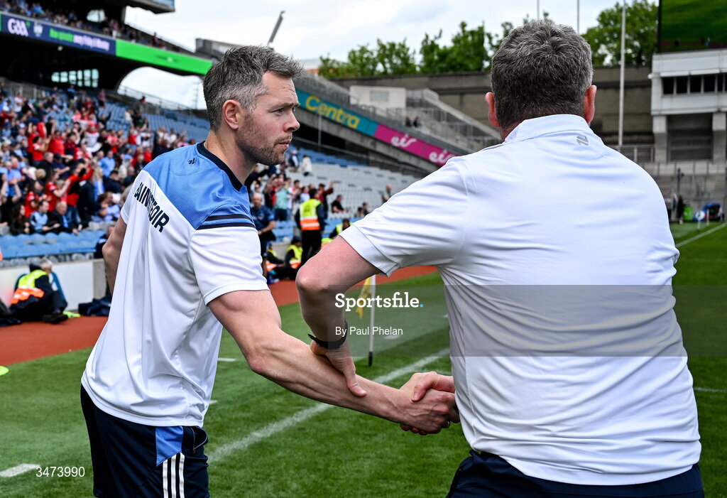 31 May 2026; Dublin acting manager Dean Rock shakes hands with Louth manager Gavin Devlin after the GAA Football All-Ireland Senior Championship Round 1 match between Dublin and Louth at Croke Park in Dublin. Photo by Paul Phelan/Sportsfile