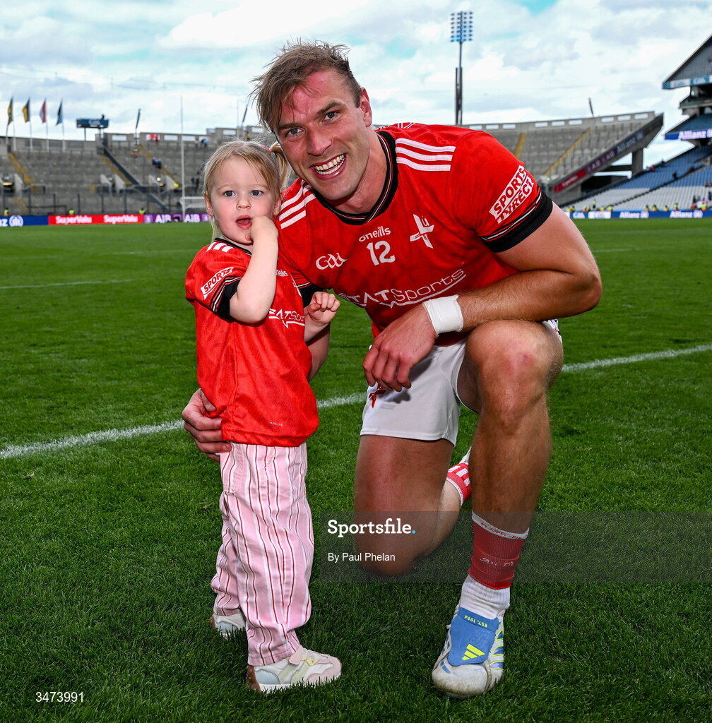 31 May 2026; Conor Grimes of Louth with his daugher Izzy, aged 2, after the GAA Football All-Ireland Senior Championship Round 1 match between Dublin and Louth at Croke Park in Dublin. Photo by Paul Phelan/Sportsfile