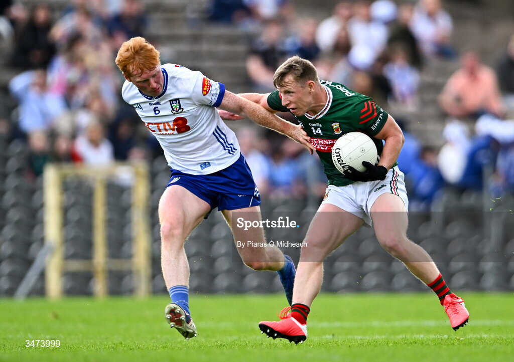 31 May 2026; Ryan O'Donoghue of Mayo in action against Ryan O'Toole of Monaghan during the GAA Football All-Ireland Senior Championship Round 1 match between Monaghan and Mayo at St Tiernach's Park in Clones, Monaghan. Photo by Piaras Ó Mídheach/Sportsfile