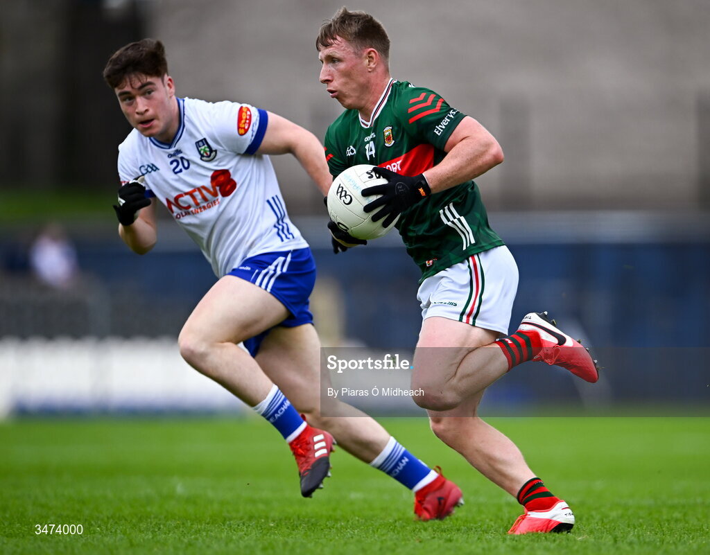 31 May 2026; Ryan O'Donoghue of Mayo in action against Max Maguire of Monaghan during the GAA Football All-Ireland Senior Championship Round 1 match between Monaghan and Mayo at St Tiernach's Park in Clones, Monaghan. Photo by Piaras Ó Mídheach/Sportsfile