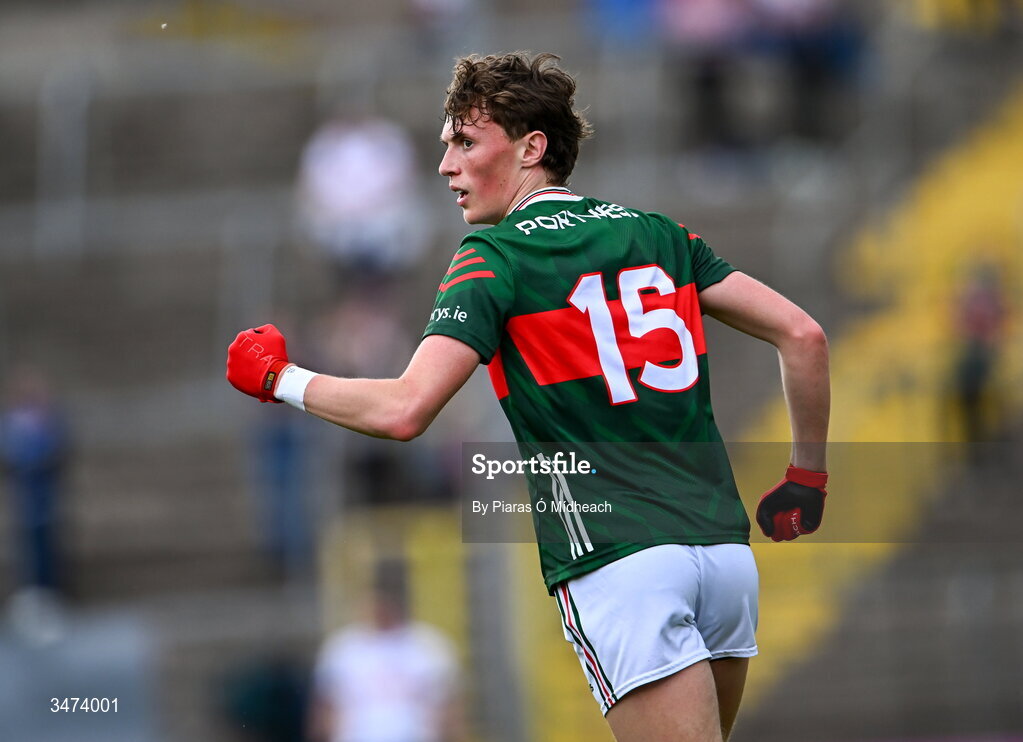 31 May 2026; Kobe McDonald of Mayo celebrates scoring during the GAA Football All-Ireland Senior Championship Round 1 match between Monaghan and Mayo at St Tiernach's Park in Clones, Monaghan. Photo by Piaras Ó Mídheach/Sportsfile