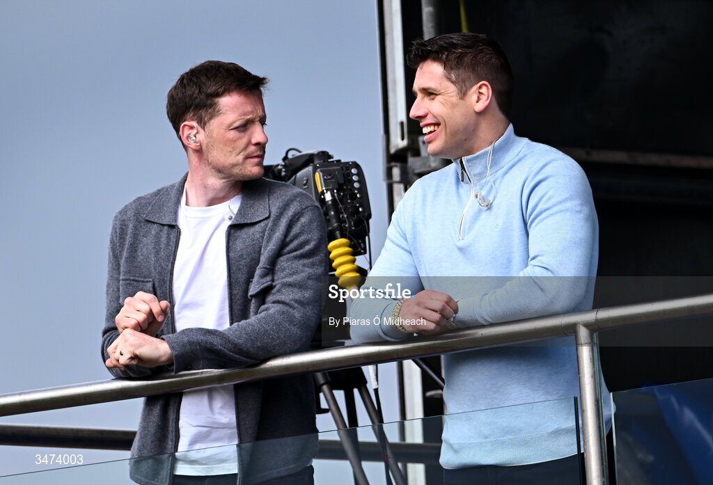 31 May 2026; RTÉ pundits Conor McManus, left, former Monaghan footballer and Lee Keegan, former Mayo footballer, during the GAA Football All-Ireland Senior Championship Round 1 match between Monaghan and Mayo at St Tiernach's Park in Clones, Monaghan. Photo by Piaras Ó Mídheach/Sportsfile
