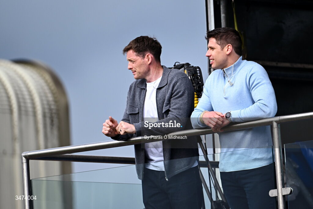 31 May 2026; RTÉ pundits Conor McManus, left, former Monaghan footballer and Lee Keegan, former Mayo footballer, during the GAA Football All-Ireland Senior Championship Round 1 match between Monaghan and Mayo at St Tiernach's Park in Clones, Monaghan. Photo by Piaras Ó Mídheach/Sportsfile