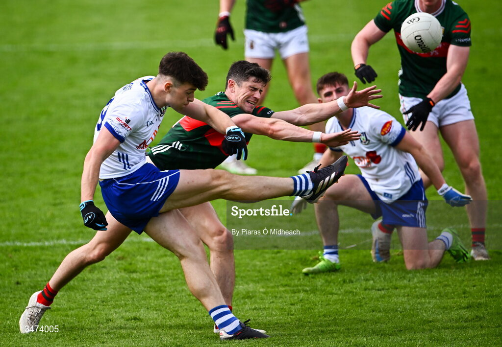 31 May 2026; Bobby McCaul of Monaghan shoots under pressure from Conor Loftus of Mayo during the GAA Football All-Ireland Senior Championship Round 1 match between Monaghan and Mayo at St Tiernach's Park in Clones, Monaghan. Photo by Piaras Ó Mídheach/Sportsfile