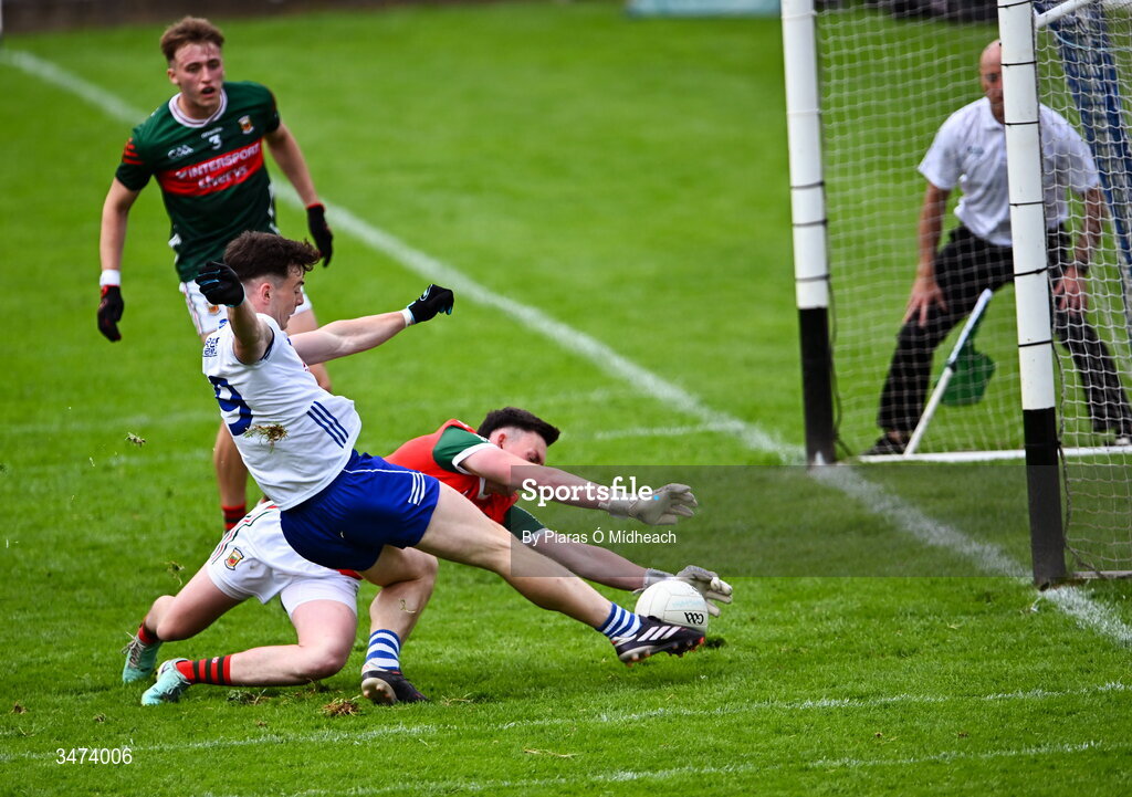 31 May 2026; Bobby McCaul of Monaghan has a shot on goal saved by Mayo goalkeeper Jack Livinstone during the GAA Football All-Ireland Senior Championship Round 1 match between Monaghan and Mayo at St Tiernach's Park in Clones, Monaghan. Photo by Piaras Ó Mídheach/Sportsfile