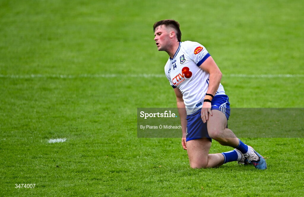 31 May 2026; Andrew Woods of Monaghan reacts during the GAA Football All-Ireland Senior Championship Round 1 match between Monaghan and Mayo at St Tiernach's Park in Clones, Monaghan. Photo by Piaras Ó Mídheach/Sportsfile