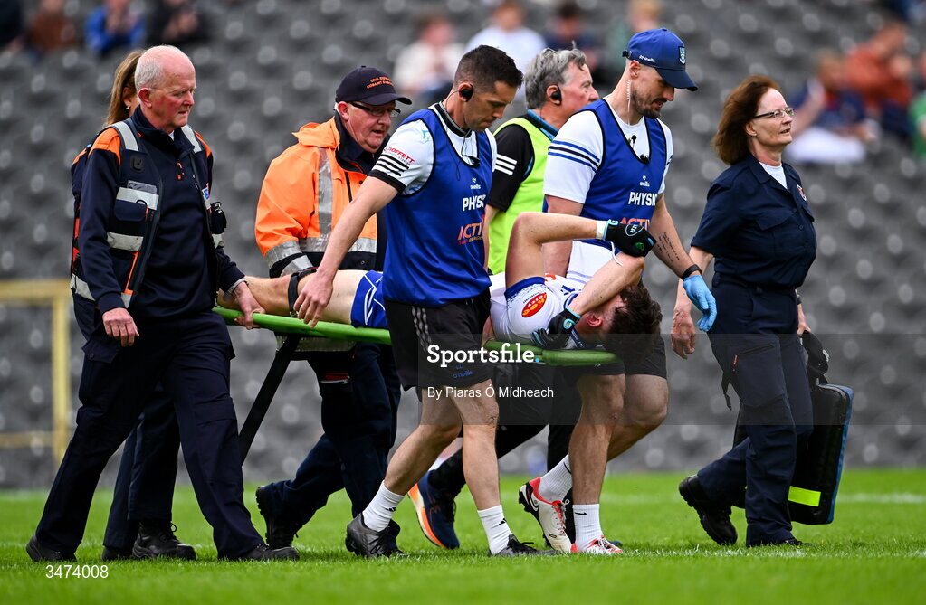 31 May 2026; Bobby McCaul of Monaghan is brought off the pitch on a stretcher after a second half injury during the GAA Football All-Ireland Senior Championship Round 1 match between Monaghan and Mayo at St Tiernach's Park in Clones, Monaghan. Photo by Piaras Ó Mídheach/Sportsfile