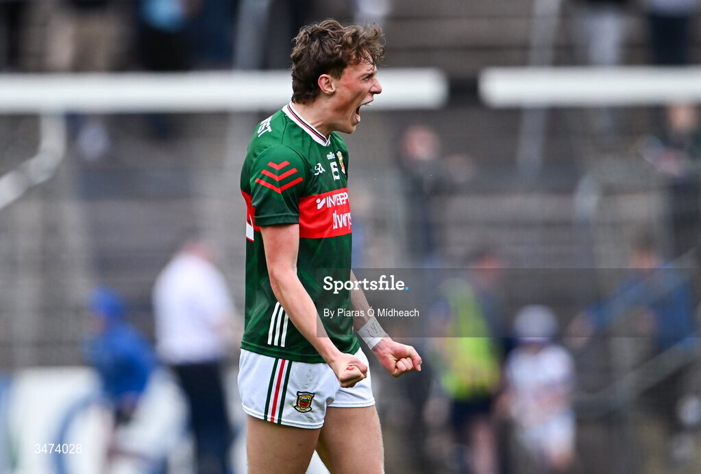 31 May 2026; Kobe McDonald of Mayo celebrates after the GAA Football All-Ireland Senior Championship Round 1 match between Monaghan and Mayo at St Tiernach's Park in Clones, Monaghan. Photo by Piaras Ó Mídheach/Sportsfile