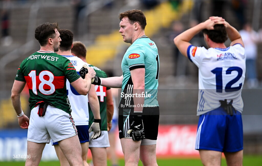 31 May 2026; Monaghan goalkeeper Rory Beggan shakes hands with Paddy Durcan of Mayo after the GAA Football All-Ireland Senior Championship Round 1 match between Monaghan and Mayo at St Tiernach's Park in Clones, Monaghan. Photo by Piaras Ó Mídheach/Sportsfile