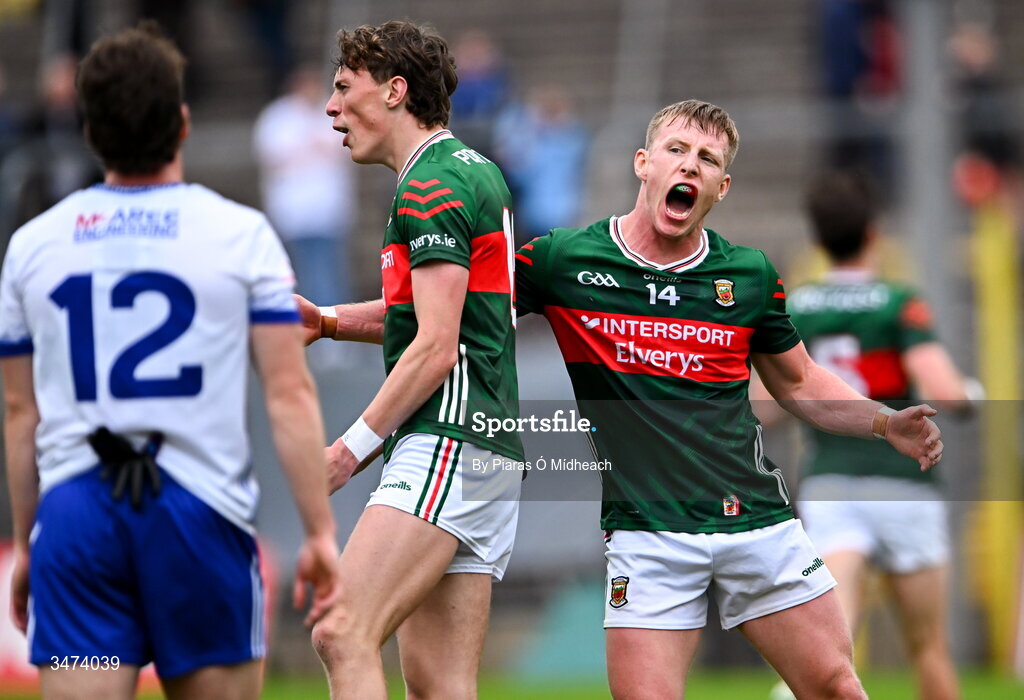 31 May 2026; Ryan O'Donoghue, right, and Kobe McDonald of Mayo celebrate after victory in the GAA Football All-Ireland Senior Championship Round 1 match between Monaghan and Mayo at St Tiernach's Park in Clones, Monaghan. Photo by Piaras Ó Mídheach/Sportsfile