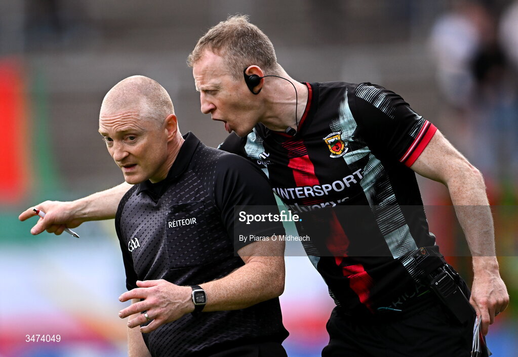 31 May 2026; Mayo selector Colm Boyle has a word by line umpire Barry Cassidy during the GAA Football All-Ireland Senior Championship Round 1 match between Monaghan and Mayo at St Tiernach's Park in Clones, Monaghan. Photo by Piaras Ó Mídheach/Sportsfile